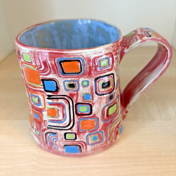 Gypsy Jane Wrapped Pottery Mug Square Abstract Handmade 14 oz - Picture 1 of 10